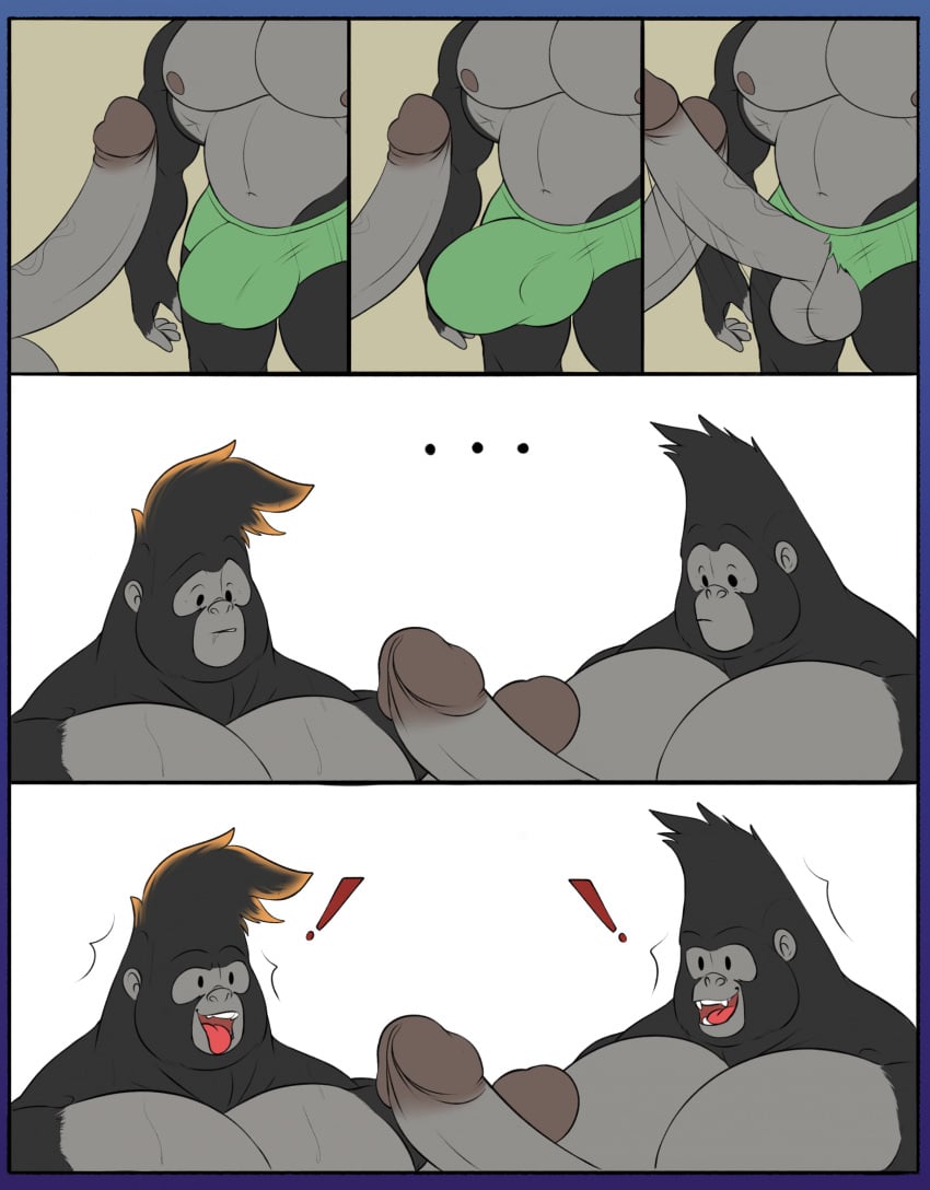 abs anthro ape aroused aroused_by_another aroused_face aroused_male aroused_smile balls bedroom_eyes biceps big_penis black_body black_fur briefs briefs_only clothed clothing comic criminal duo excited excited_expression excited_for_sex excited_male eye_contact fangs fangs_bared frottage fur gang gangster genitals gorilla green_briefs green_clothing green_underwear grinding haplorhine hi_res huge_cock hyper hyper_genitalia hyper_penis illumination_entertainment imminent_oral imminent_sex johnny_(sing) looking_at_another looking_at_another's_penis looking_at_genitalia looking_at_partner looking_at_partner's_penis looking_at_penis looking_pleasured male male/male mammal masculine_male muscular muscular_anthro muscular_male narrowed_eyes nude nude_anthro nude_male pecs penile penis penis_through_clothing penis_through_underwear penises_touching pleasured_male primate seductive sex simple_background sing_(movie) surprised surprised_expression surprised_eyes surprised_face surprised_look teeth thick_arms thief throbbing throbbing_penis tongue tongue_hanging_out tongue_out topless torn_clothing torn_underwear underwear underwear_only unrealrui white_background yellow_background