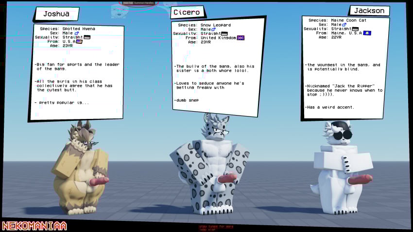 1femboy 2boys 3d balls baseplate character_sheet english_text feline furry furry_only hyena knot maine_coon male male_only naked nekomaniaa penis roblox roblox_avatar robloxian self_upload snow_leopard spiked_penis text