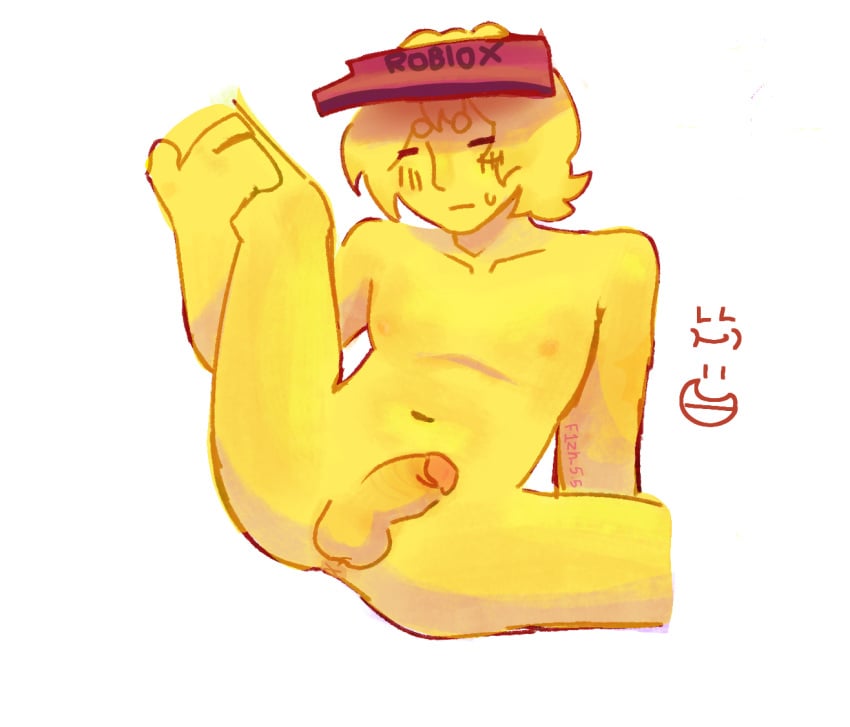 1boy anus artist_name balls closed_eyes elliot_(forsaken) f1zh_5.5 forsaken_(roblox) grabbing_leg male male_only nude penis roblox roblox_game robloxian self_upload spread_legs tagme white_background yellow_skin