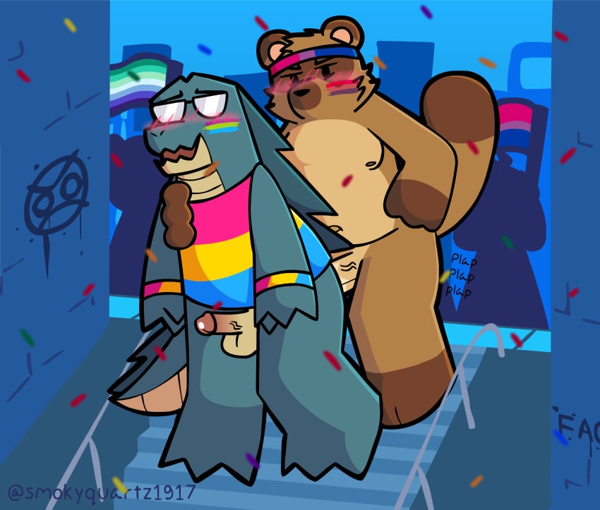 alligator alligatorid anal anal_sex animal_crossing anthro artist_name balls belly bisexual bisexual_pride_colors blush bodily_fluids brown_body brown_fur canid canine clothing crocodilian digital_drawing_(artwork) digital_media_(artwork) duo english_text erection female fur genital_fluids genitals hi_res lgbt_pride male male/male male_penetrated male_penetrating male_penetrating_male mammal multicolored_clothing multicolored_shirt multicolored_topwear nintendo nipples nude overweight overweight_male pansexual pansexual_pride_colors penetration penile penis pride_color_clothing pride_color_shirt pride_color_topwear pride_colors raccoon_dog reptile scalie sex shirt smile smoky_(smokyquartz1917) smokyquartz1917 tail tanuki text tom_nook_(animal_crossing) topwear