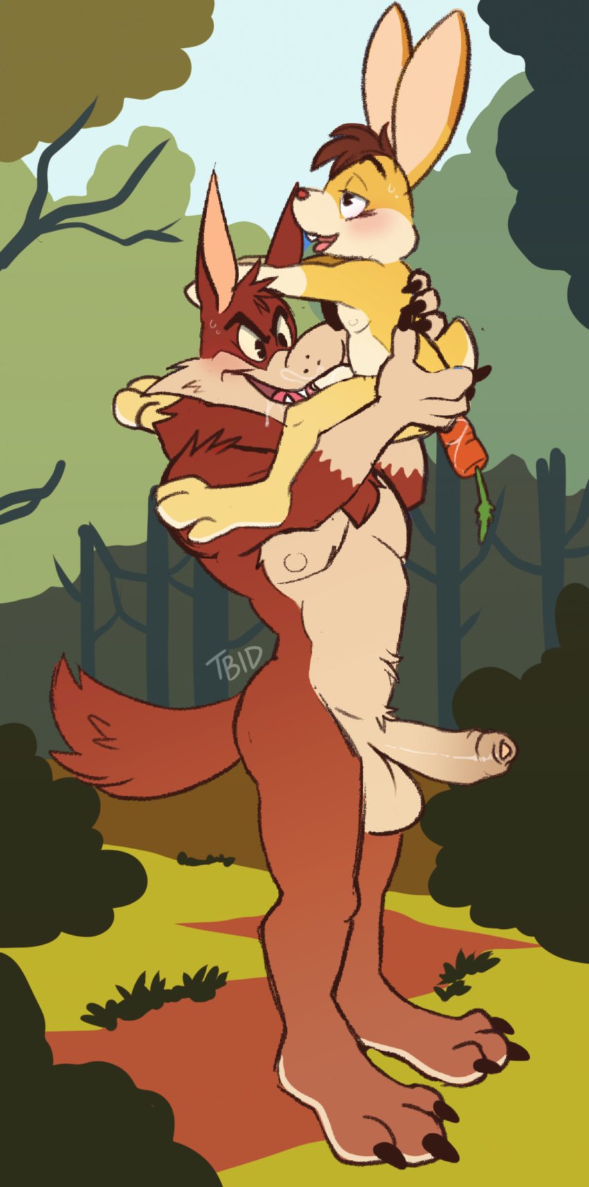 absurd_res adult_(lore) anal anal_fluids_on_food anal_fluids_on_object anal_sex anthro anthro_on_anthro areola ass athletic balls big_balls big_penis billy_buns blush bodily_fluids brown_body brown_fur canid canine canis carrot carrot_dildo carrying_another carrying_partner claws cum cum_in_mouth cum_inside duo erection eye_roll eyebrows fellatio food food_fetish food_in_ass food_insertion food_play foreskin forest forest_background from_front_position fur fuzzy genital_fluids genitals hair hand_on_butt hand_on_head hank_howell_(piti_yindee) head_tuft hi_res holding_another holding_partner humanoid_genitalia humanoid_penis improvised_dildo improvised_sex_toy lagomorph leporid lift_job lifting_partner looking_pleasured male male/male mammal muscular muscular_anthro muscular_male nature nature_background navel nipples nude object_in_ass open_mouth open_smile oral outside oversized_oral penetration penile penis penis_base plant plant_in_anus plantigrade pointy_ears predator/prey prick_ears rabbit sex shrub size_difference smile standing standing_sex sweat tail tan_body tan_fur tbid teeth thick_thighs tongue tongue_out toony tree tuft uncircumcised vegetable whisker_spots wolf