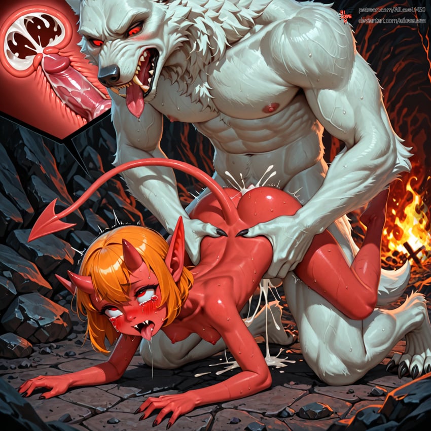 ahe_gao ai_generated breasts climax cum_in_pussy cum_in_pussy from_behind grabbing hell hellhound imp imp_girl internal large_male nipples saliva saliva_trail sex size_difference small_breasts smaller_female stable_diffusion tongue tongue_out werewolf