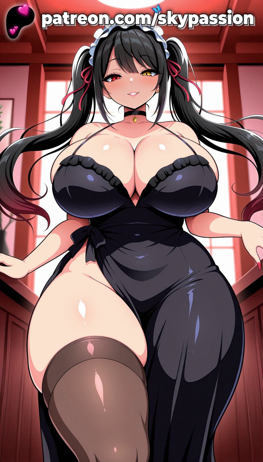 1girls 2025 ai_assisted ai_generated anime artist_name black_dress black_hair black_legwear blush breast breasts bust chest choker cleavage clothed_female curvy date_a_live dress female female_focus female_only giant_breasts heavy_breasts heterochromia hi_res high_quality high_resolution highres huge_boobs huge_breasts long_hair looking_at_viewer maid_headdress massive_boobs massive_breasts parted_lips patreon patreon_username red_eyes skypassion smile solo stable_diffusion thick_thighs thighhighs thighs tokisaki_kurumi twintails watermark wide_hips yellow_eyes