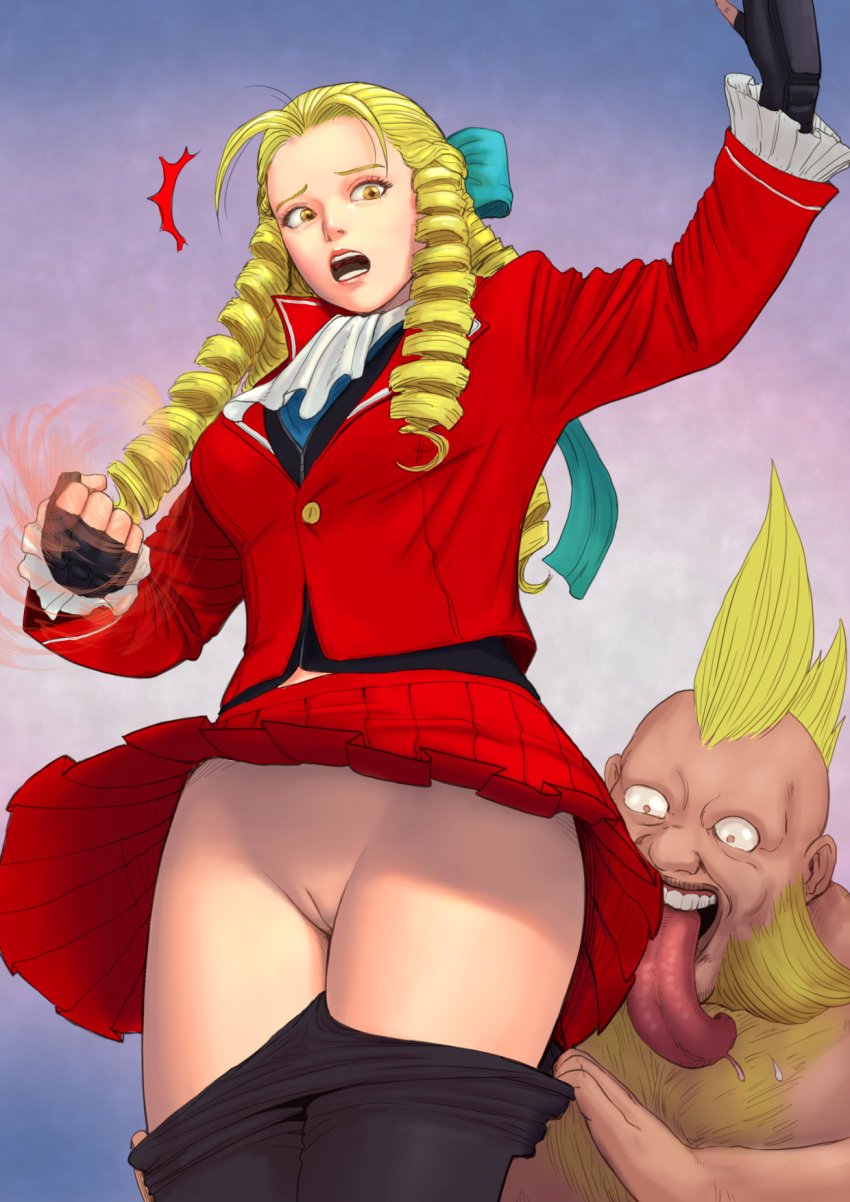 1boy birdie blonde_hair bow clothing curly_hair drill_hair female fighting forced_exposure karin_kanzuki mohawk orbanga pantyhose pantyhose_down pussy skirt street_fighter street_fighter_v