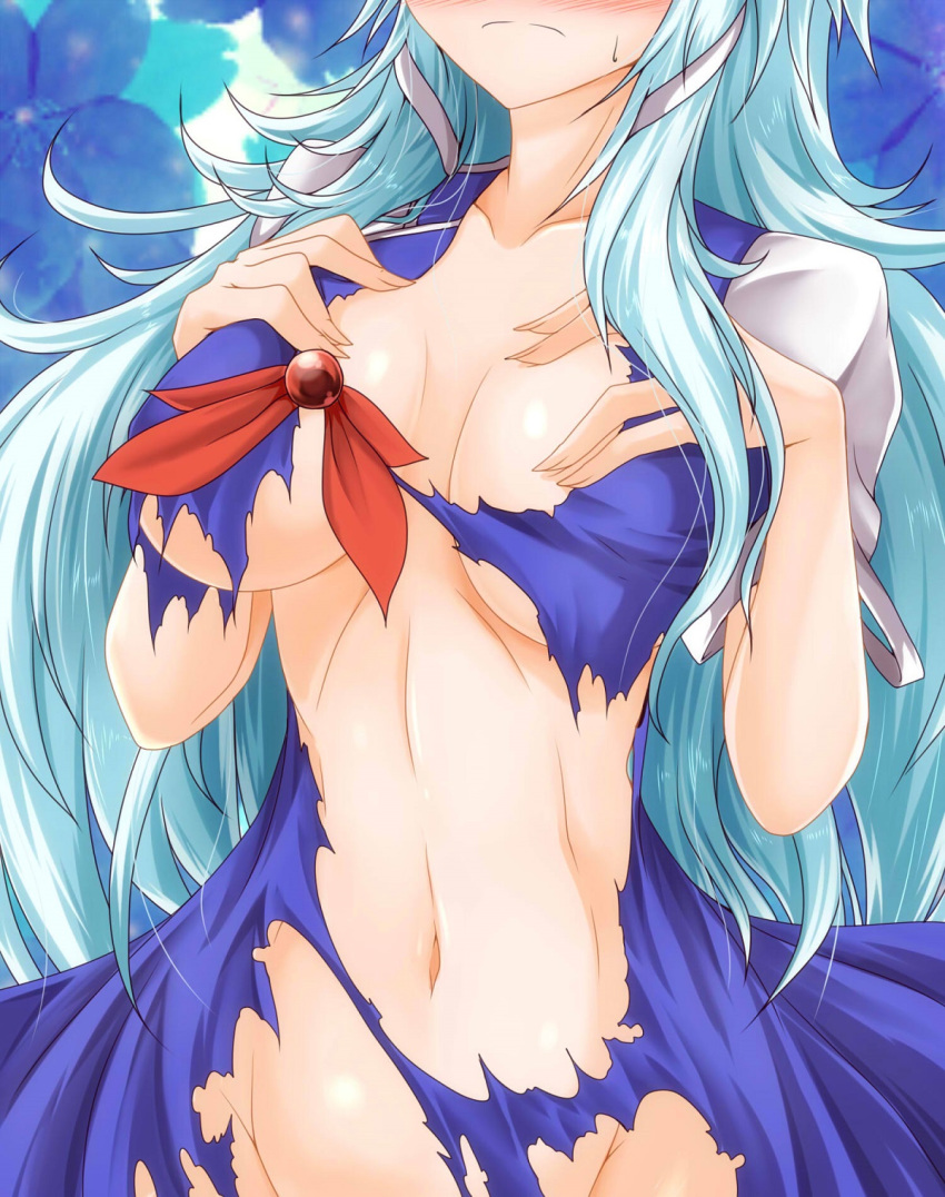 1girls blue_eyes blue_hair blush breasts embarrassed female female_only g_(desukingu) g_(genesis1556) groin head_out_of_frame highres keine_kamishirasawa large_breasts long_hair lost_clothes navel no_bra no_panties out-of-frame_censoring puffy_short_sleeves puffy_sleeves short_sleeves solo torn_clothes touhou very_long_hair