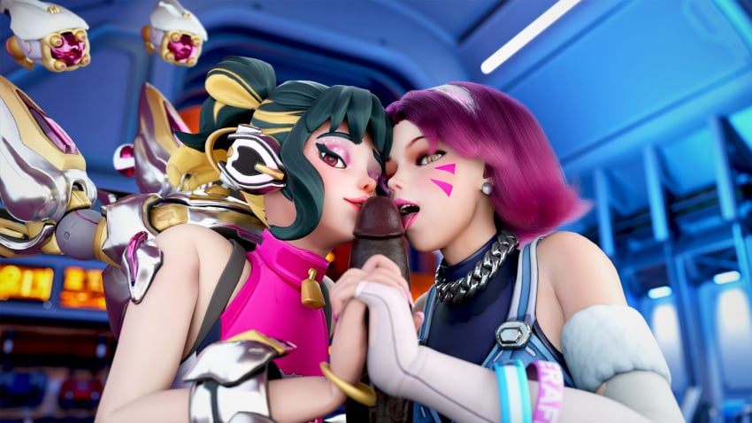 3d alexavlewd antifragile_dazzle big_penis black_body blowjob blowjob_face d.va dark-skinned_male fearless_juno fish_animation juno_(overwatch) le_sserafim male overwatch overwatch_2 penis