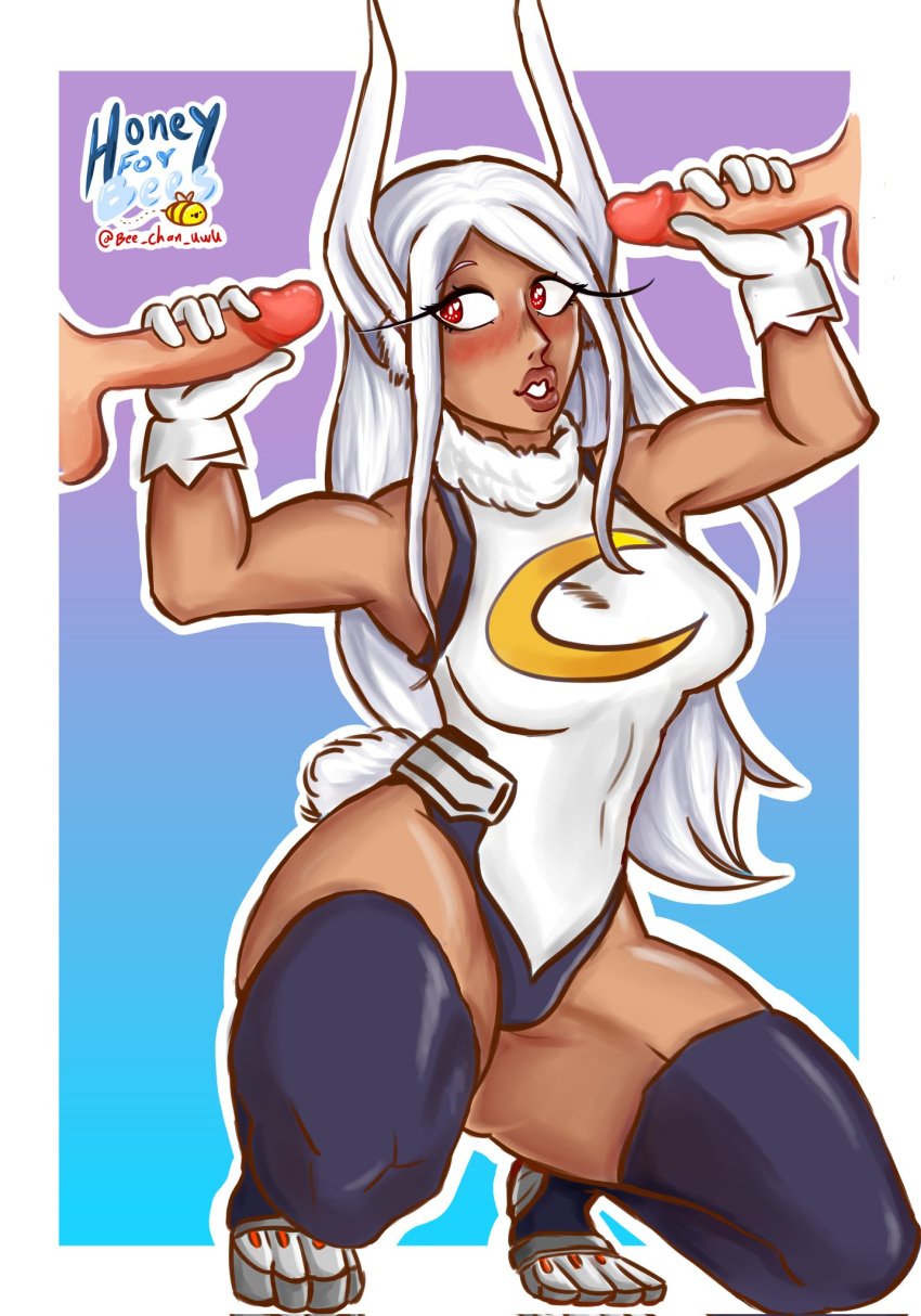 big_breasts big_nipples big_thighs big_titties brown_skin bunny_ears bunny_girl dark-skinned_female dark_skin female female_focus furry handjob honey_nsfw interracial light-skinned_male light_skin long_hair looking_at_viewer mirko miruko my_hero_academia penis strong tail white_hair