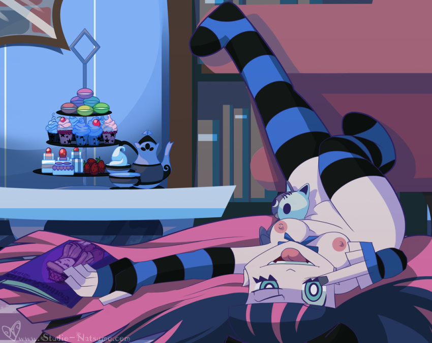 1girls areolae bangs bedroom blue_eyes blue_hair blunt_bangs bottomless breasts elbow_gloves female fingerless_gloves food half-closed_eyes honekoneko_(psg) leg_lift legs_up long_hair looking_at_viewer macaron medium_breasts middle_finger nail_polish natsume_(artist) naughty_face nipples no_bra no_panties on_back open_mouth open_smile pale_skin panty_&_stocking_with_garterbelt pink_hair smile stocking_anarchy striped striped_gloves striped_legwear stripes stuffed_animal thighhighs tongue tongue_out topless two_tone_hair upside-down very_long_hair white_skin