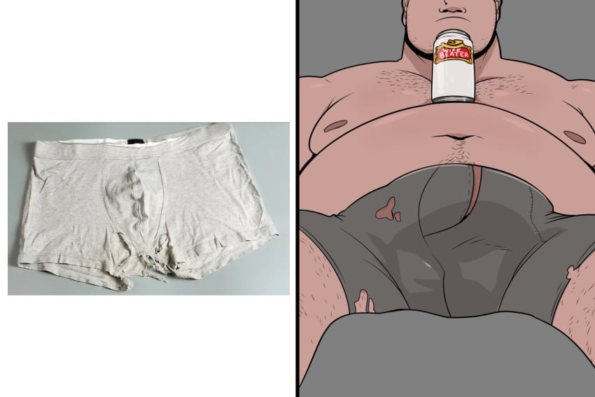 argie_(hellonearthiii) beer big_penis boxers_(clothing) bulge hellonearthiii male_only penis_under_clothes ripped_boxers ripped_clothing solo_male