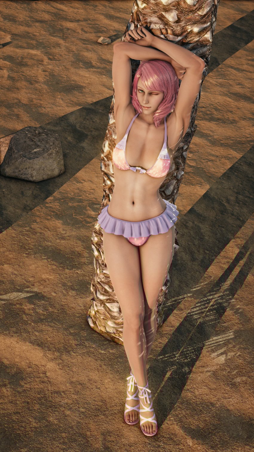alisa_bosconovitch android bikini breasts cleavage green_eyes heels looking_at_viewer namco pink_hair robot_girl sand small_breasts tan_body tanline tekken tekken_8 two_tone_hair wink winking_at_viewer