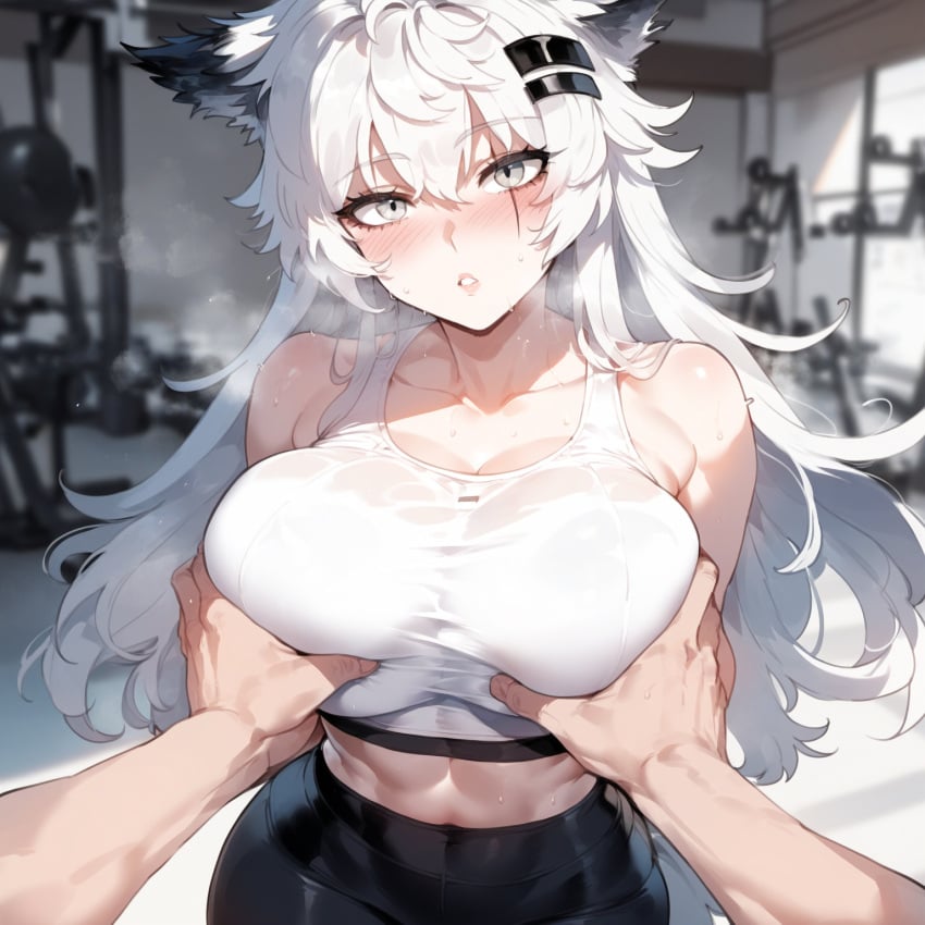 1female 1girls ai_generated animal_ears arknights big_breasts blush breasts female flustered grabbing grabbing_breasts groping groping_breasts gym_clothes gym_uniform hands_on_breasts lappland_(arknights) leggings long_hair looking_at_viewer miyuai sports_bra sportswear surprised surprised_expression sweat sweatdrop sweating sweaty white_hair wolf_girl workout_clothes yoga_pants