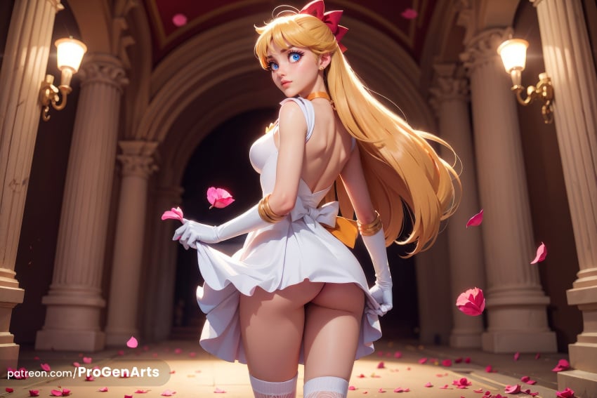 1girls ai_generated aino_minako artist_name ass back back_bow backless_dress backless_outfit bishoujo_senshi_sailor_moon blonde_hair blue_eyes bow breasts clothes_lift dress dress_lift elbow_gloves flower from_behind gloves hairbow half_updo hi_res indoors lips long_hair looking_at_viewer looking_back medium_breasts minako_aino no_panties parted_lips petals pillar progenarts red_bow sailor_jupiter solo standing thighhighs white_dress white_gloves white_thighhighs