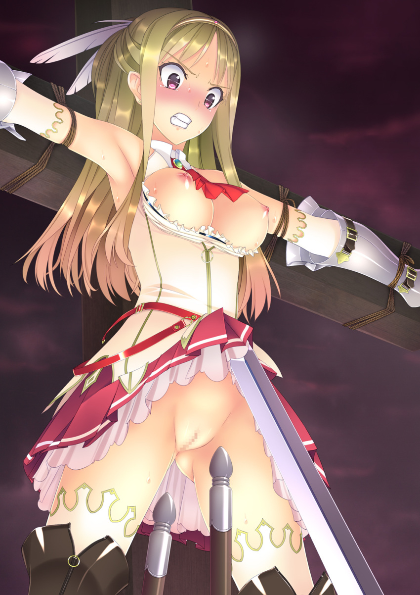 blonde_hair blush boots bound bound_arms breasts breasts_out censored cleavage_cutout clenched_teeth crucifixion detached_sleeves dress dress_lift f-ism feathers female forced forced_exposure gradient_hair grimace hair_ornament hairband imminent imminent_rape large_breasts long_hair multicolored_hair murakami_suigun nipples no_panties orange_hair original pink_eyes polearm pussy rape restrained shaved_pussy solo sweat sword teeth thigh_boots thighhighs torture weapon