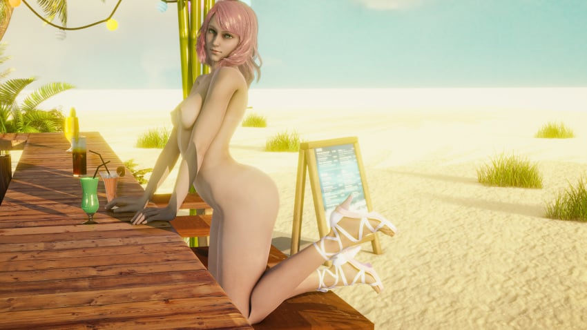 alisa_bosconovitch android ass breasts cleavage exhibitionism green_eyes heels kneeling looking_at_viewer namco nipples nude nude_female nudity pink_hair robot_girl sand small_breasts tan_body tanline tekken tekken_8 two_tone_hair