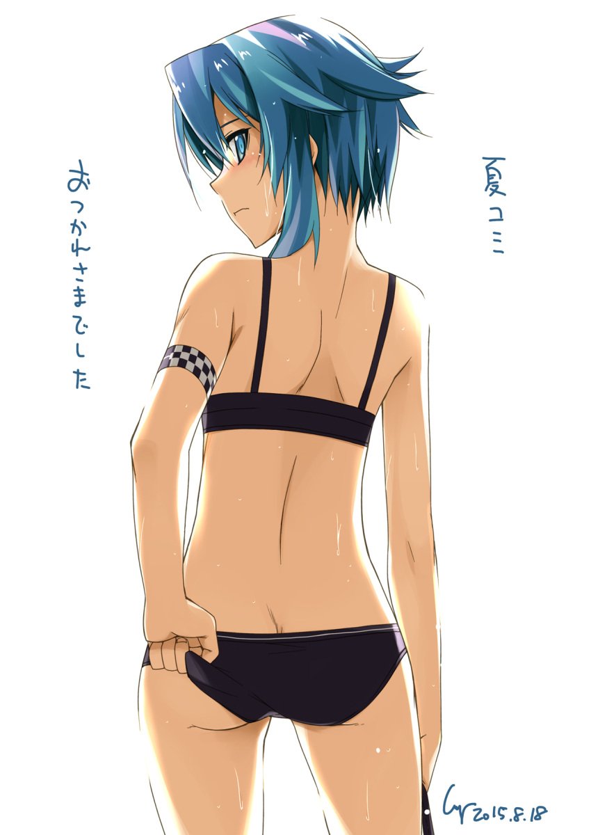 armband asada_shino ass backlighting bikini blue_eyes blue_hair butt_crack checkered cowboy_shot dated female from_behind gun_gale_online highres holding looking_back revision shikei short_hair signature simple_background sinon solo sports_bikini swimsuit sword_art_online sword_art_online:_phantom_bullet text translation_request wet white_background