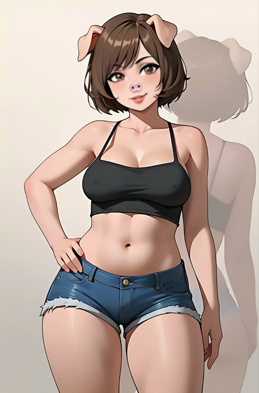 ai_generated anthro anthro_pig breasts brown_eyes brown_hair clothing female female_only midriff original_character pig