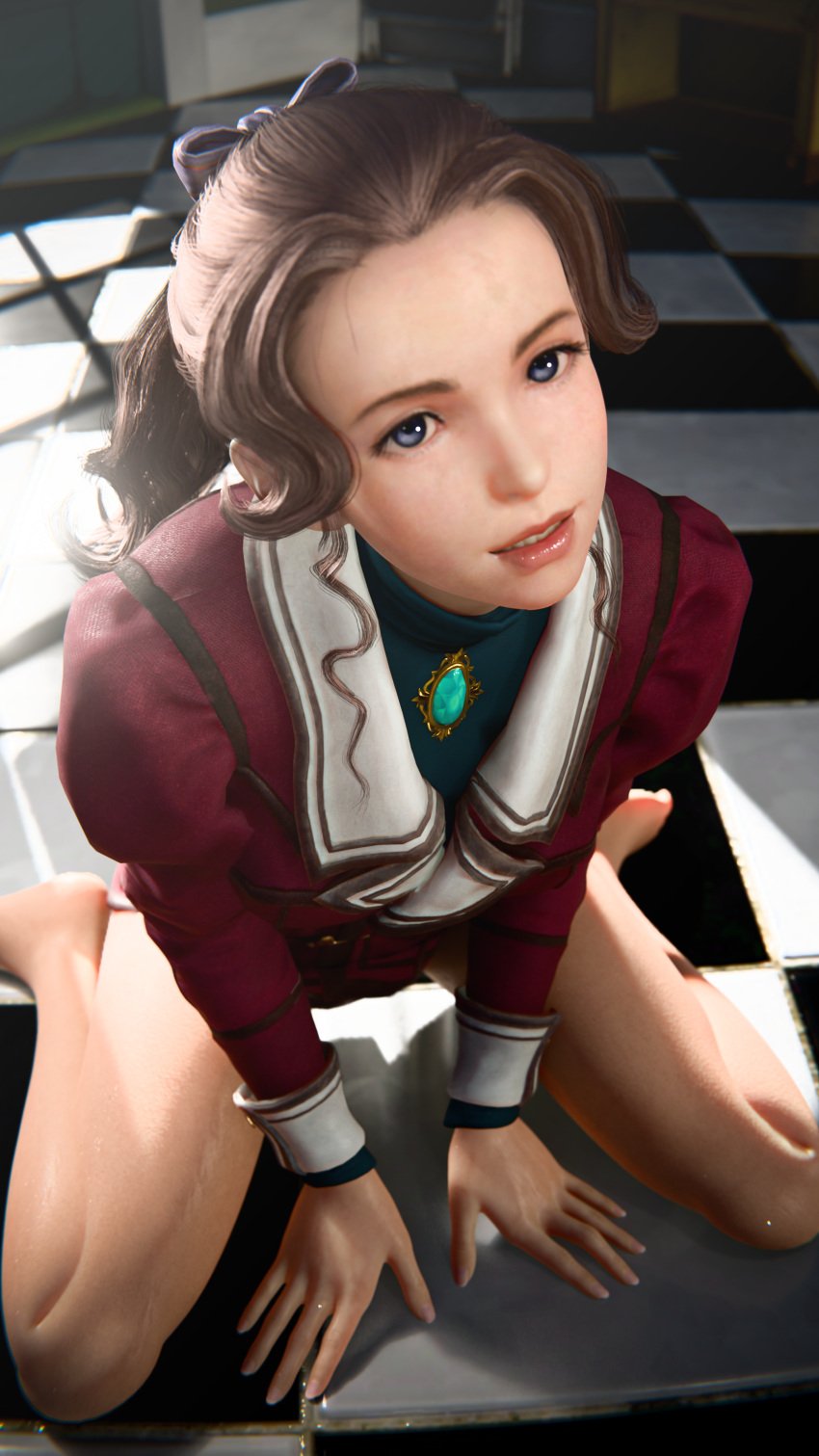 brown_hair chloe chloe_(ff7) final_fantasy final_fantasy_vii final_fantasy_vii_rebirth hairtie hands_on_floor high_resolution highres initial_a legs legs_apart legs_spread on_knees pose posing pov red_outfit white_skin