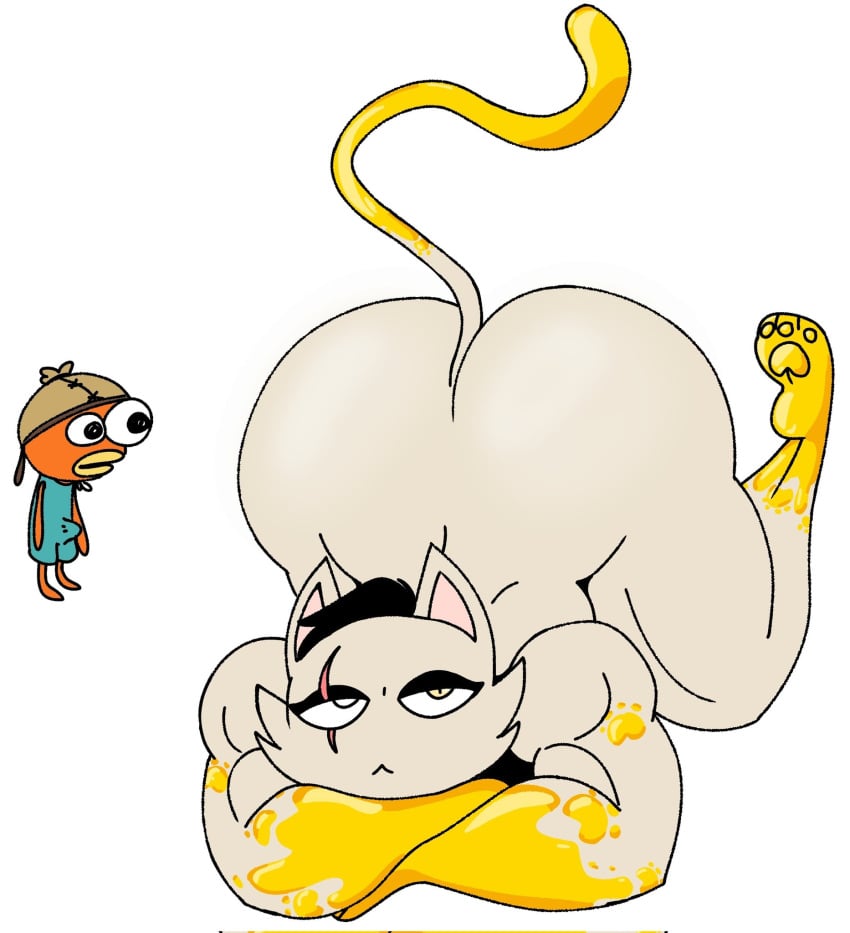 anthro ass ass_up big_butt black_hair bulge cheek_tuft domestic_cat duo epic_games erection erection_under_clothes eye_scar facial_scar facial_tuft felid feline felis fish fishstick_(fortnite) fortnite fur fur_tuft hair hi_res itz_not_v male mammal marine meowdas nude_male paws scar simple_background solo_focus tail tuft white_background white_body white_fur
