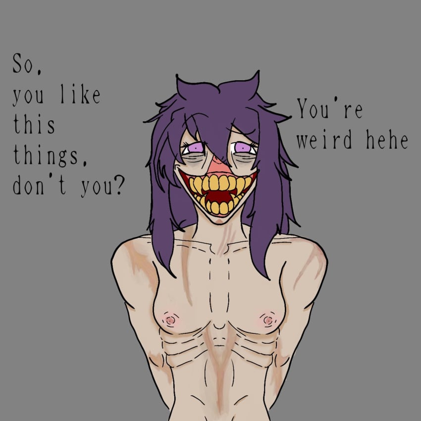 1girls 2025 arms_behind_back breasts corruption doki_doki_literature_club english_text female hands_behind_back horror lady_y long_hair lord_x nightmare_fuel nipples possession purple_eyes purple_hair scar scars scary scary_face sharp_teeth smile sonic.exe_(series) terrifying thehappydogsmi3 wtf yuri_(doki_doki_literature_club)