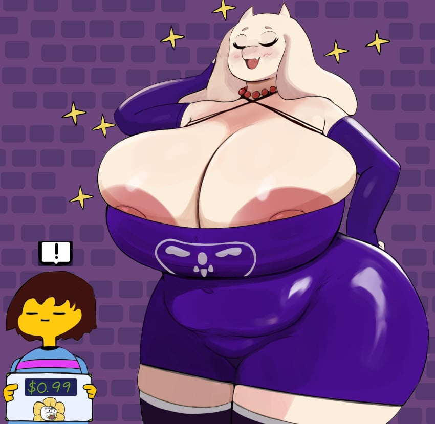 1girls anthro areolae big_breasts breasts cleavage closed_eyes dress enormous_breasts female frisk furry huge_breasts human imago_ic mature mature_female milf nipple_slip thick_thighs toriel undertale undertale_(series) voluptuous voluptuous_female white_fur wide_hips