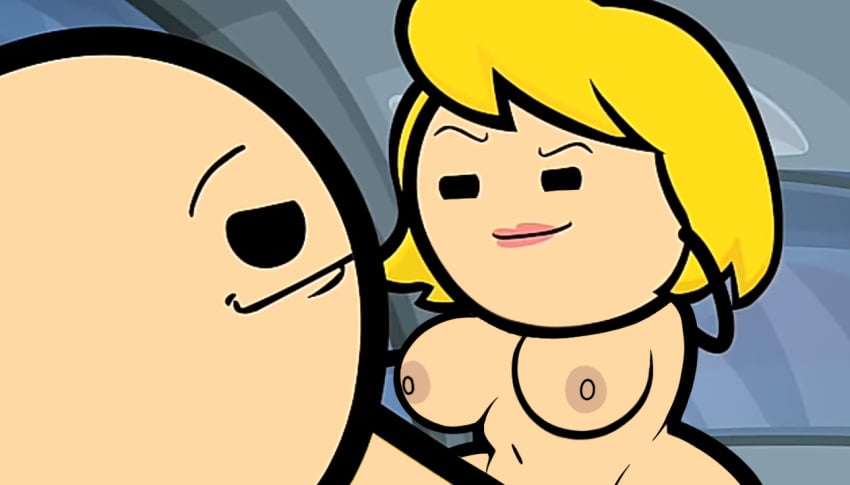 adjusting_hair belly_button big_breasts black_limbs blonde_female breasts car_sex cartoon cyanide_and_happiness edit edited_image female in_car japansadface nipples penis pink_lips riding_penis short_hair smooth_body straight_sex tan_areola teasing white_female yellow_hair