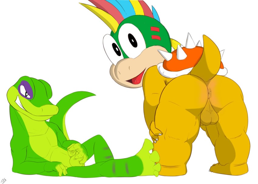 2boys animal_genitalia anus backsack balls bent_over crossover duo gecko genital_slit gex_(series) gex_the_gecko grin holding_penis humanoid_penis koopa koopaling lemmy_koopa lizard long_foreskin looking_at_viewer looking_back male male_only mario_(series) mohawk multiple_boys naughty_face nintendo nude penis perineum pinup pose raised_tail reclining reptile scalie seyrmo signature sitting slit standing uncut video_games yaoi