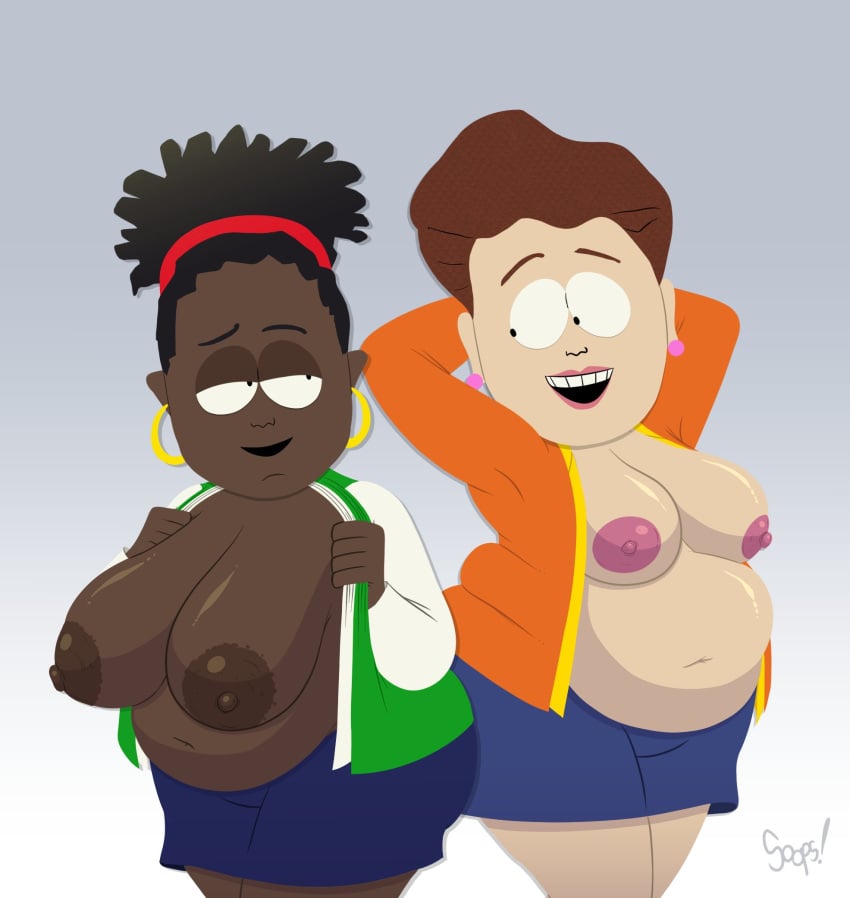 2girls big_belly big_breasts black_hair breasts_out brown_hair chocolate_and_vanilla chubby chubby_female dark-skinned_female dark_skin dustindemon earrings exposed_breasts female female_focus female_only harriet_biggle huge_breasts light-skinned_female light_skin linda_black looking_at_another mature mature_female milf milfs mother nipples open_clothes plump simple_background skirt south_park