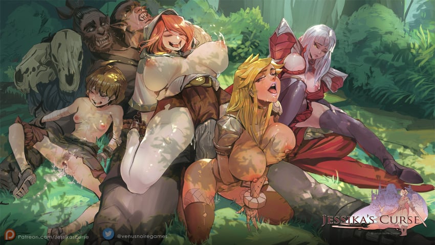 1boy 4girls animal_skull armor beard blonde_hair breasts brown_hair brown_thighhighs bush cape choker closed_eyes clothed_female_nude_male cum cum_overflow cum_puddle cumdrip facial_hair female_pubic_hair fishnets flustered forest girthy_penis grabbing_own_breast half-closed_eyes height_difference high_heels highres hime_cut hood large_breasts large_penis logo loincloth long_hair medium_breasts monster motion_blur multiple_girls nature nude ogre on_grass original patreon_logo patreon_username pauldrons penis precum pubic_hair purple_thighhighs pussy_juice pussy_juice_puddle red_cape red_hair saliva sex sharp_teeth shoes short_hair shoulder_armor size_difference skull small_breasts spread_pussy straight teardrop teeth thick_thighs thighhighs thighs tongue tongue_out twitter_logo twitter_username venusnoiregames white_hair