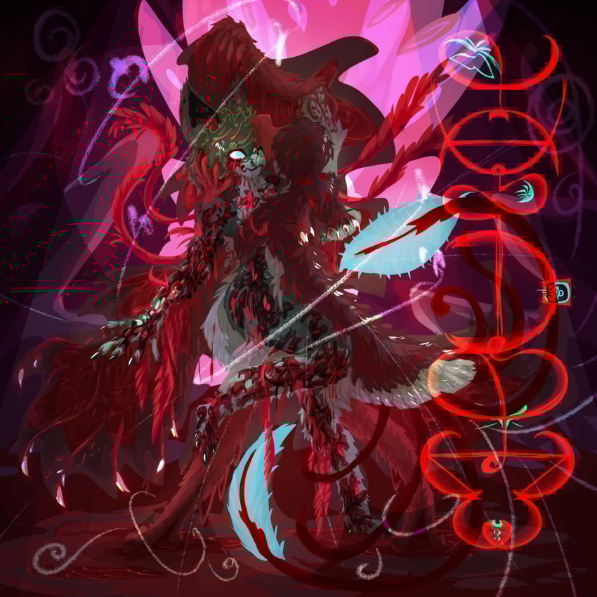 ambiguous/ambiguous ambiguous_gender anthro avian blood bodily_fluids canid canine claws corruption creation(just_dryvern) crystal duo european_mythology feather_markings feathers fox fur fur_markings glowing gore greek_mythology grey_body grey_feathers grey_fur hi_res hybrid just_dryvern mammal markings mythological_avian mythological_bird mythological_creature mythological_firebird mythology phoenix red_body red_feathers standing tail tail_feathers tendrils
