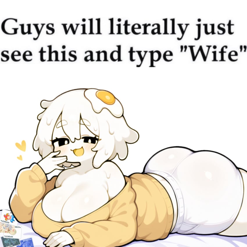 ass balatro bed big_breasts black_eyes blush cleavage egg egg_(lemyawn) food_creature knightnyan laying_down long_sleeves meme short_hair shorts slime_girl smug sweater white_background white_hair white_pupils white_skin