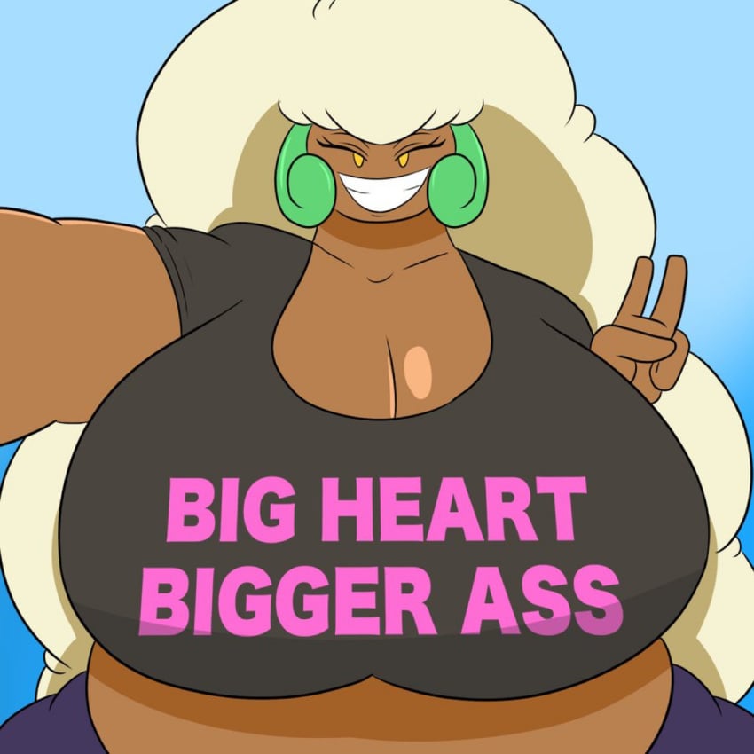 1girls 4_fingers breasts brown_skin chubby chubby_female collarbone dark-skinned_female dark_skin female flora_fauna glistening_breasts grin huge_breasts igphhangout midriff nekeisha_(igph) pokemon shiny_breasts tagme taking_selfie text_on_clothing v_sign whimsicott white_hair yellow_eyes
