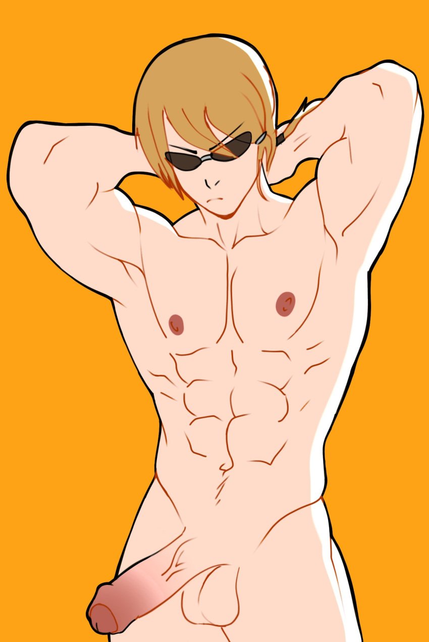 1boy abs bara blonde_hair cg danganronpa danganronpa_another erection fanganronpa foreskin makunouchi_hajime male male_focus male_only muscular muscular_male pecs pectorals penis sdra2 simple_background simple_coloring solo sunglasses super_danganronpa_another_2 uncircumcised uncut zeta_ka