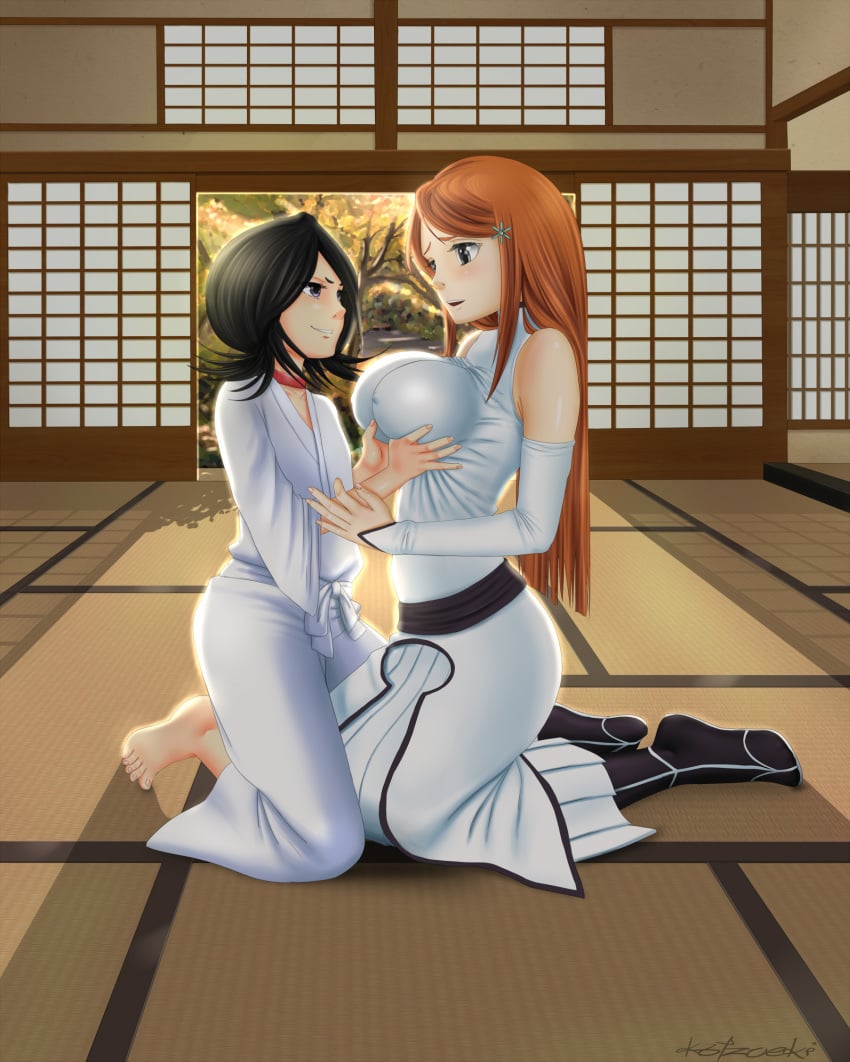 2girls barefoot black_hair bleach blush breast_fondling breast_grab breasts busty cleavage feet female female_only human inoue_orihime katzueki kimono kuchiki_rukia multiple_girls nipples toes voluptuous yuri