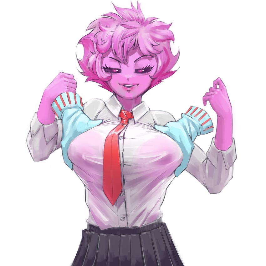 atomiccreep breasts female fondling_breast hagakure_tooru hagakure_tooru_(invisible) invisible_girl mina_ashido my_hero_academia tie yuri