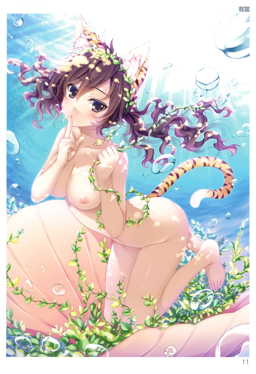 absurdres air_bubble alpha_(yukai_na_nakamatachi) animal_ears barefoot breath brown_eyes brown_hair clam_shell curly_hair female finger_to_mouth floating_hair freediving highres light_rays looking_at_viewer nipples nude outdoors scan solo submerged sunbeam sunlight swimming tail tied_hair tiger_ears tiger_tail toranoana twintails underwater