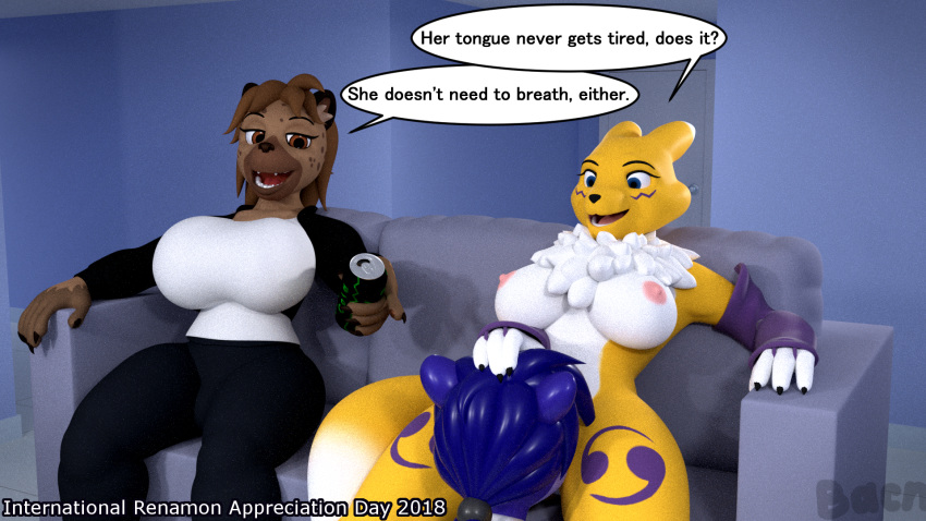 2018 3d android anthro areola bacn beverage breasts canine casual_sex clothed clothing cunnilingus dialogue digimon english_text female hair hyena machine mammal nipples nude open_mouth oral renamon renamon_(bacn) robot sex sitting smile soda text tuft vaginal_penetration yuri