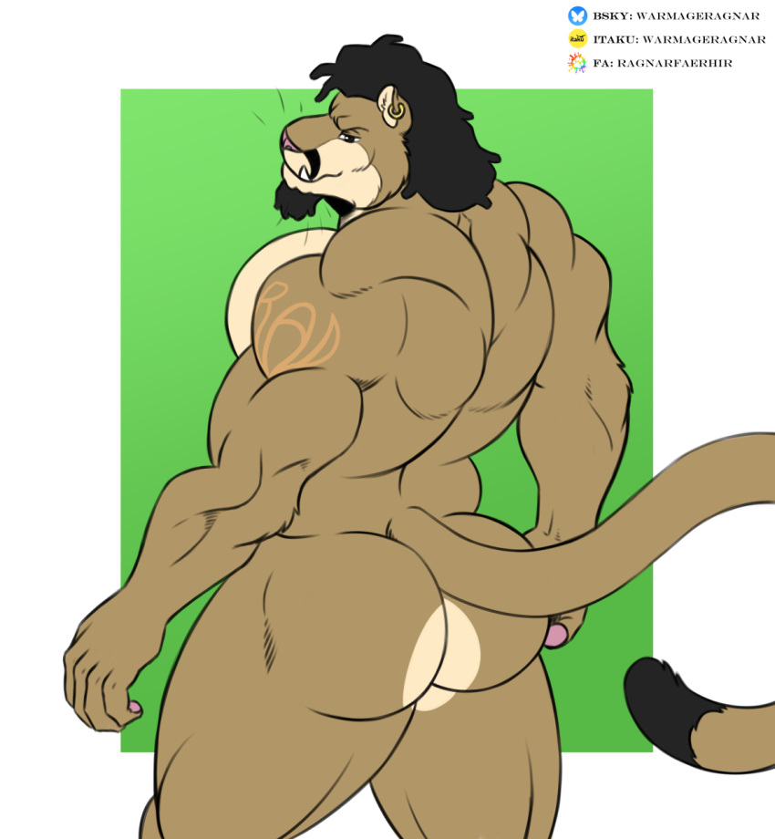 anthro arm_tattoo ass back_muscles big_ass cougar ear_piercing ear_ring felid feline hi_res male mammal muscular muscular_male nude pawpads pecs piercing rear_view ring_piercing solo tail tattoo triceps underbite warmageragnar