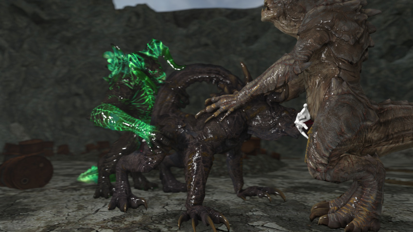 2boys 3d ambiguous_gender anal ass cum deathclaw fallout fellatio feral_only group group_sex lizard male male_deathclaw_(fallout) monster oral orgy penis poster reptile scalie sex source_filmmaker spitroast xkax