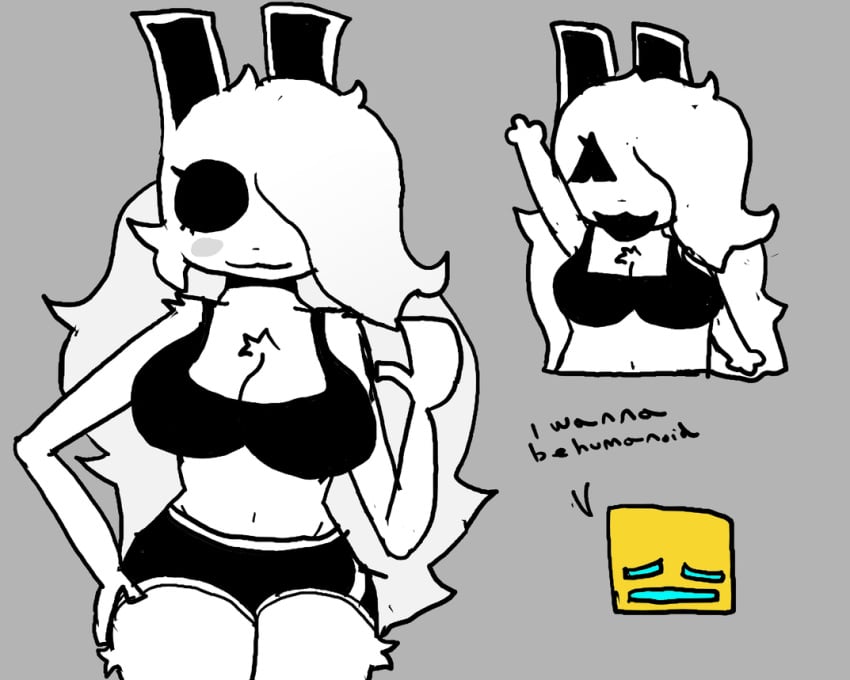 black_bra black_shorts bra breasts cube_4_(geometry_dash) female female_focus femgram geometry_dash no_sex rabbit rabbit_ears rabbit_girl robtopgames sfw shorts simple_background text white_fur