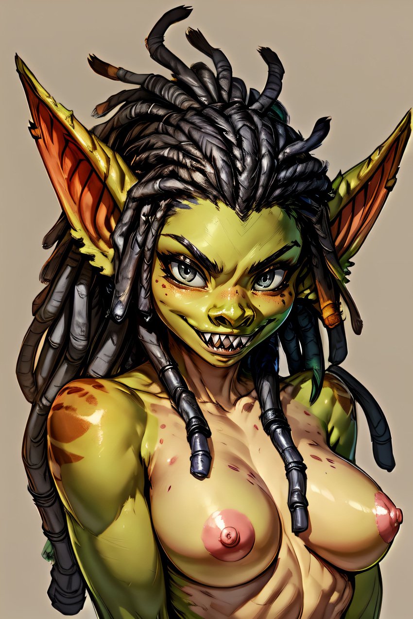 1girls ai_generated brown_hair dreadlocks female goblin goblin_female gray_eyes green_skin long_hair monster monster_girl original_character pointy_ears scorpianpp self_upload sharp_teeth short shortstack solo_female stable_diffusion taiga_(scorpianpp)