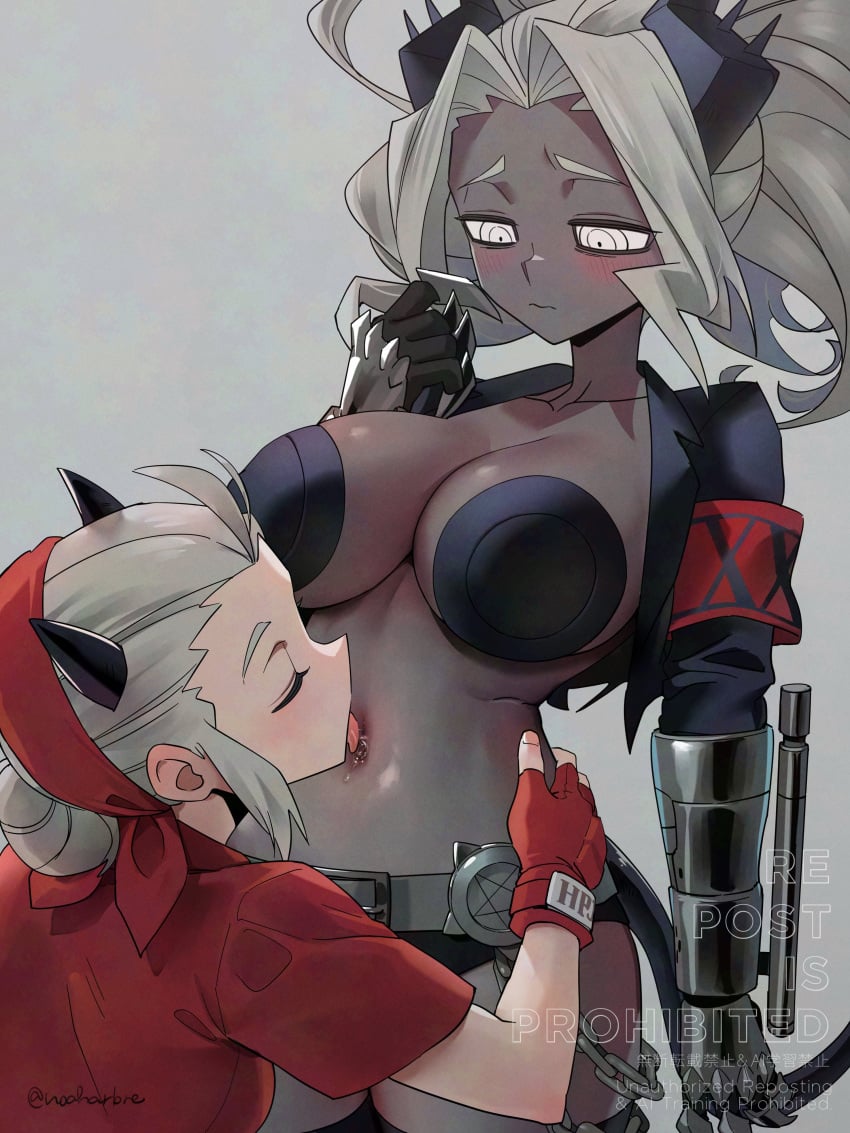 2girls demon demon_girl demon_horns demon_tail fully_clothed helltaker judgement_(helltaker) justice_(helltaker) licking_sweat noah_(tettsui-sole) noaharbre tagme white_hair