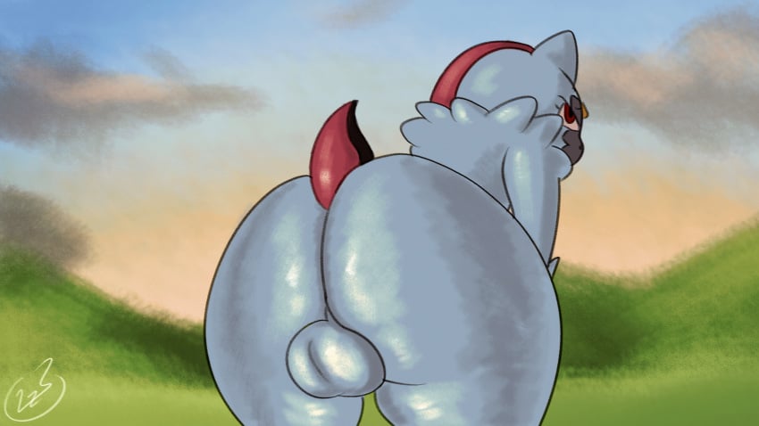 16:9 animated anthro anus ass balls bent_over big_balls black_markings bouncing_balls cloud fluffy fur generation_8_pokemon genitals grey_body grey_fur hi_res hill lazy_sunshine looking_at_viewer looking_back loop male markings nintendo no_sound outside penis pink_anus pink_tail pokemon pokemon_(species) presenting presenting_anus presenting_balls presenting_hindquarters purple_markings red_eyes short_tail signature sky sneasler solo tail tuft widescreen