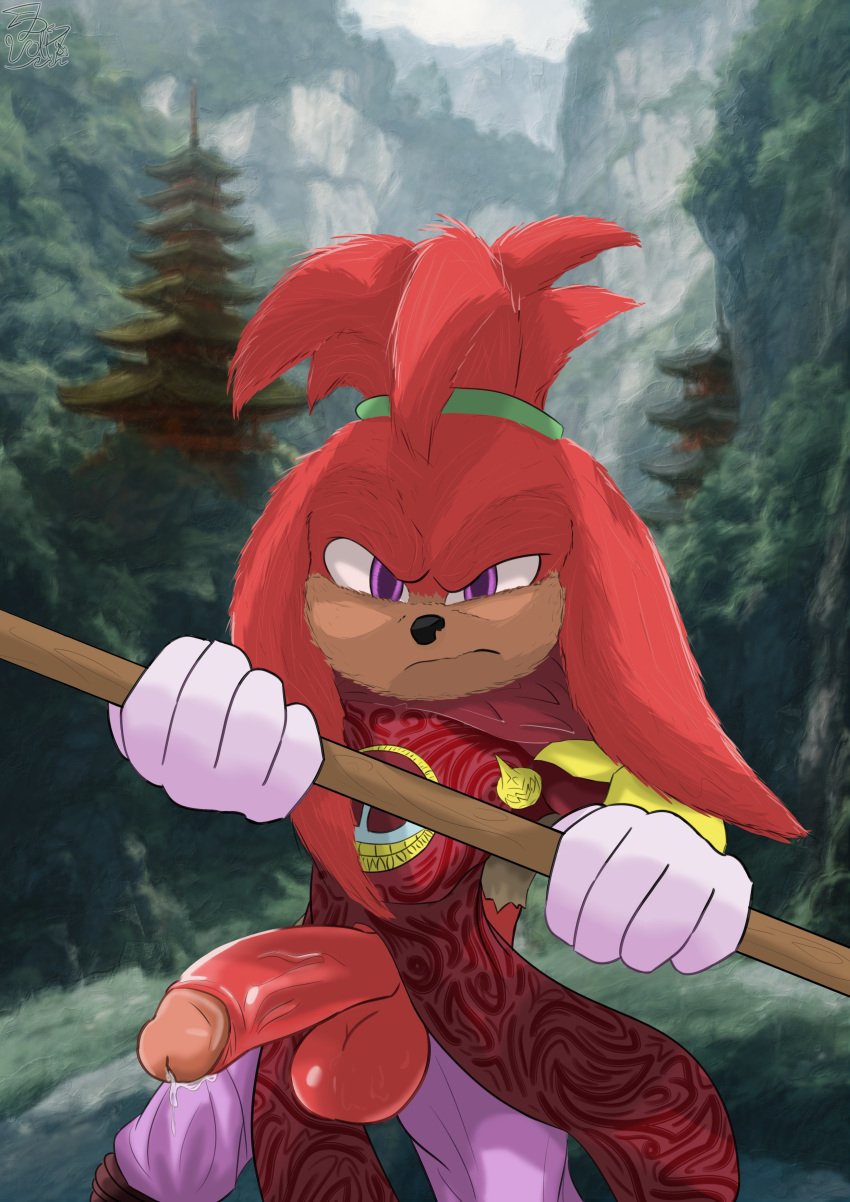 absurd_res anthro armor asia balls big_penis bodily_fluids china cliff cliffs day de_volt dripping echidna forest genital_fluids genitals hasbro hi_res huge_cock knuckles_the_echidna larian_studios male male_only mammal monk monotreme mountain pagoda penis plant precum precum_drip sega solo sonic_(series) sonic_the_hedgehog_(series) staff sweat sweaty_balls sweaty_genitalia sweaty_penis thick_penis tree