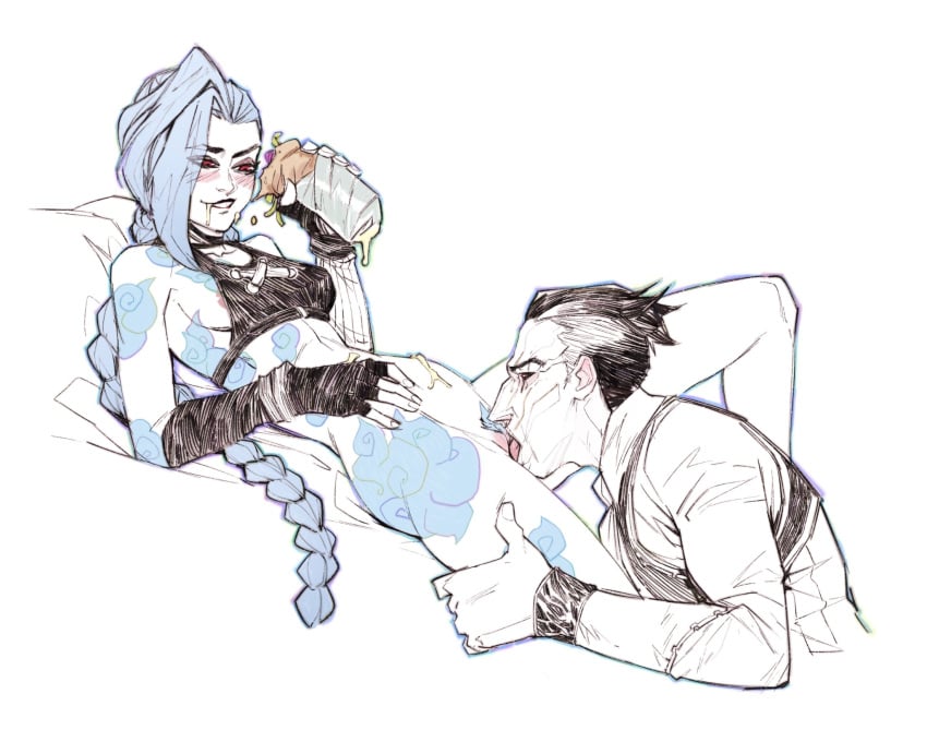 1boy 1girl arcane:_league_of_legends arcane_jinx black_hair blue_hair blush braid breasts commentary cunnilingus eating fingerless_gloves food gloves hetero highres jinx_(league) jinx_(league_of_legends) league_of_legends long_hair momdadno oral pussy short_hair silco_(arcane) tattoo tongue tongue_out uncensored