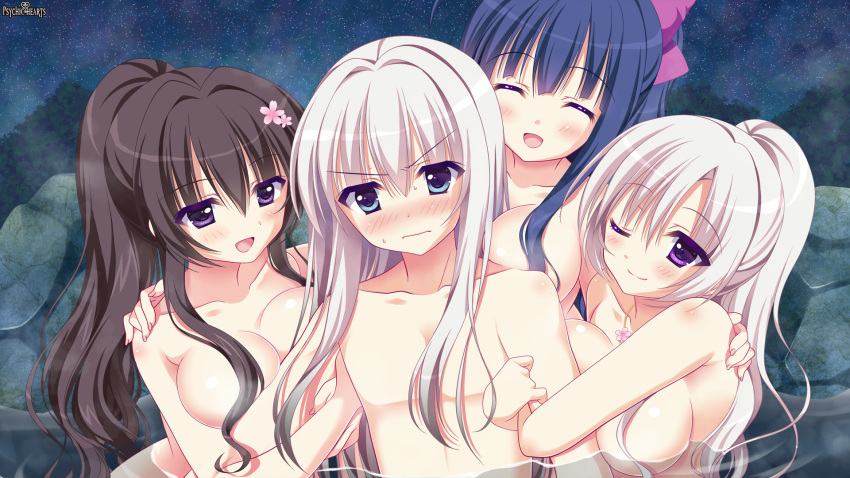 1boy 3girls androgynous annoyed blue_eyes blue_hair blush bow breasts brown_hair cleavage closed_eyes flower girl_sandwich grey_hair hair_flower hair_ornament hairbow highres hug large_breasts long_hair multiple_girls nude one_eye_closed onsen ponytail psychic_hearts purple_eyes sandwiched smile tied_hair water wavy_mouth yuyumatsu