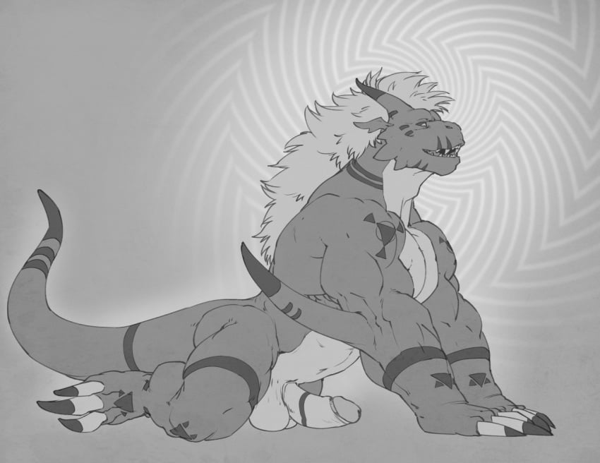 1boy all_fours anthro anthrofied balls ballsack digimon erection foreskin foreskin_folds forge_(artist) greyscale growlmon horns humanoid_penis intact long_hair_male male male_only mane monochrome muscles muscular_male nude_male penis pinup pose retracted_foreskin scalie scrotum side_view smooth_penis solo tail testicles thewielder uncut