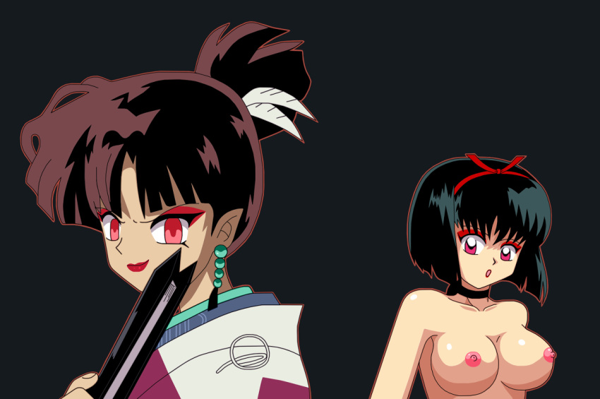 2girls :o big_breasts black_background black_hair bob_(haircut) breasts brown_hair choker clothed clothed_female_nude_female clothes earrings eyeshadow fan feather female female_only hairband hairbow inuyasha kagura_(inuyasha) lipstick medium_hair multiple_girls nipples pink_eyes pointy_ears ponytail red_eyes tied_hair uncensored yura_of_the_hair yurafan