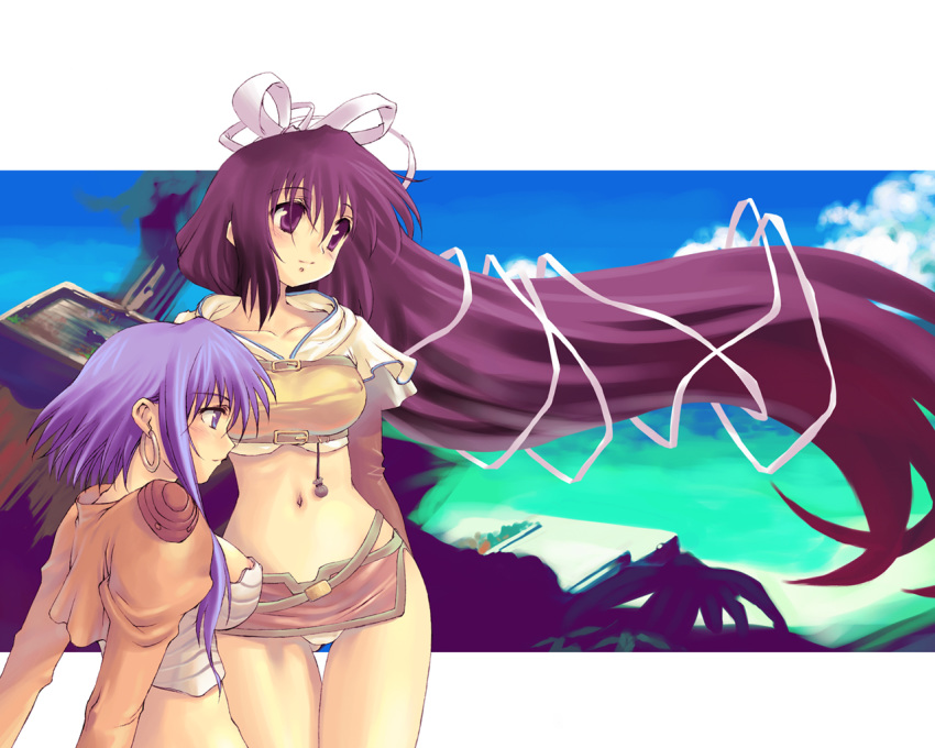 2girls areola_slip areolae female female_only hair_ribbon hunter hunter_(ragnarok_online) long_hair magenta_eyes magenta_hair midriff morii_shizuki multiple_girls nipple_slip purple_eyes purple_hair ragnarok_online ribbon thief thief_(ragnarok_online) wallpaper