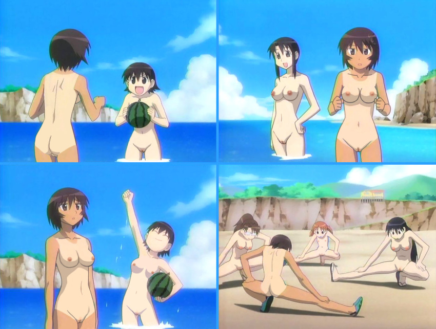 azumanga_daiou beach cap chiyo_mihama female female_only flat_chest glasses human kagura_(azumanga_daiou) koyomi_mizuhara multiple_females multiple_girls nude nude_filter nyamo_minamo_kurosawa photoshop sakaki screencap small_breasts tanline tomo_takino uncensored water watermelon