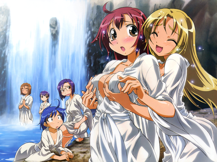 6+girls ahoge amaenaideyo amanogawa_haruka atouda_yuuko barefoot blonde_hair blue_hair blush braid breast_grab breasts brown_eyes brown_hair cleavage closed_eyes flat_chest glasses groping highres horii_kumi ikuina_sumi long_hair megami multiple_girls nanbu_chitose open_mouth praying purple_hair red_hair robe short_hair sugai_hinata sugai_sakura surprised surprised_arms twin_braids wading wallpaper water waterfall wet